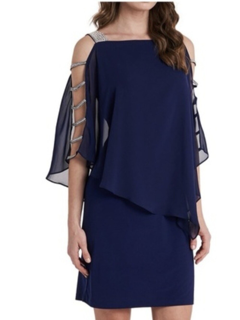 MSK Navy Blue Cascade Evening Dress With Rhinstone Accents Small